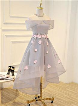 Picture of Light Grey Tulle with Flowers High Low Fashionable Party Dresses,  Grey Homecoming Dress